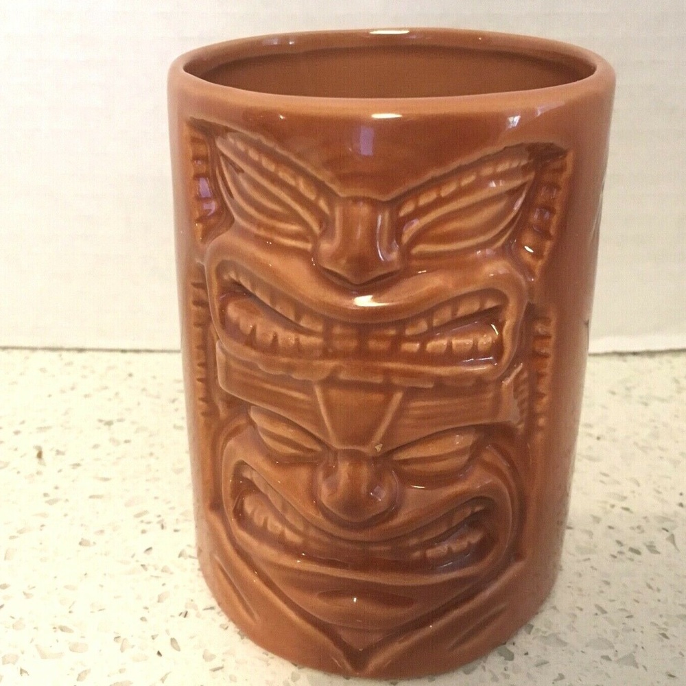Hawaiian Tiki Mug Coffee Cup Polynesian Brown Glaze Ceramic 12 oz
